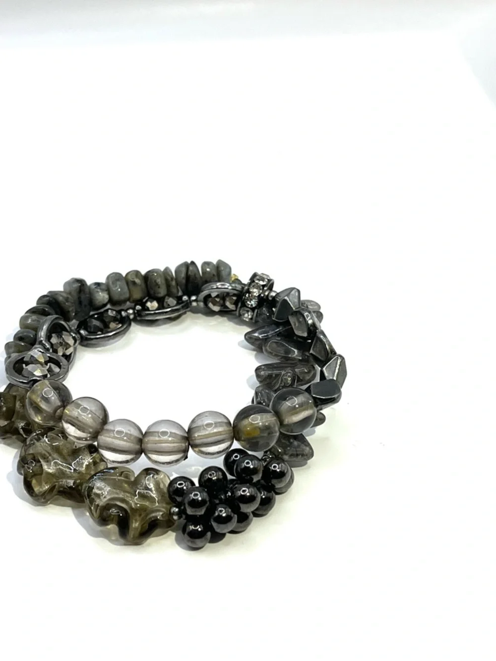 Treska Gray Beaded Silver Stretch Double Bracelet Set Gray Gun Metal Bracelets